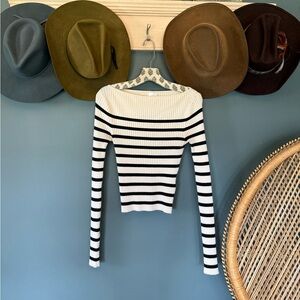 H&M Black & White Striped Ribbed knit boatneck Long Sleeve Top sz small